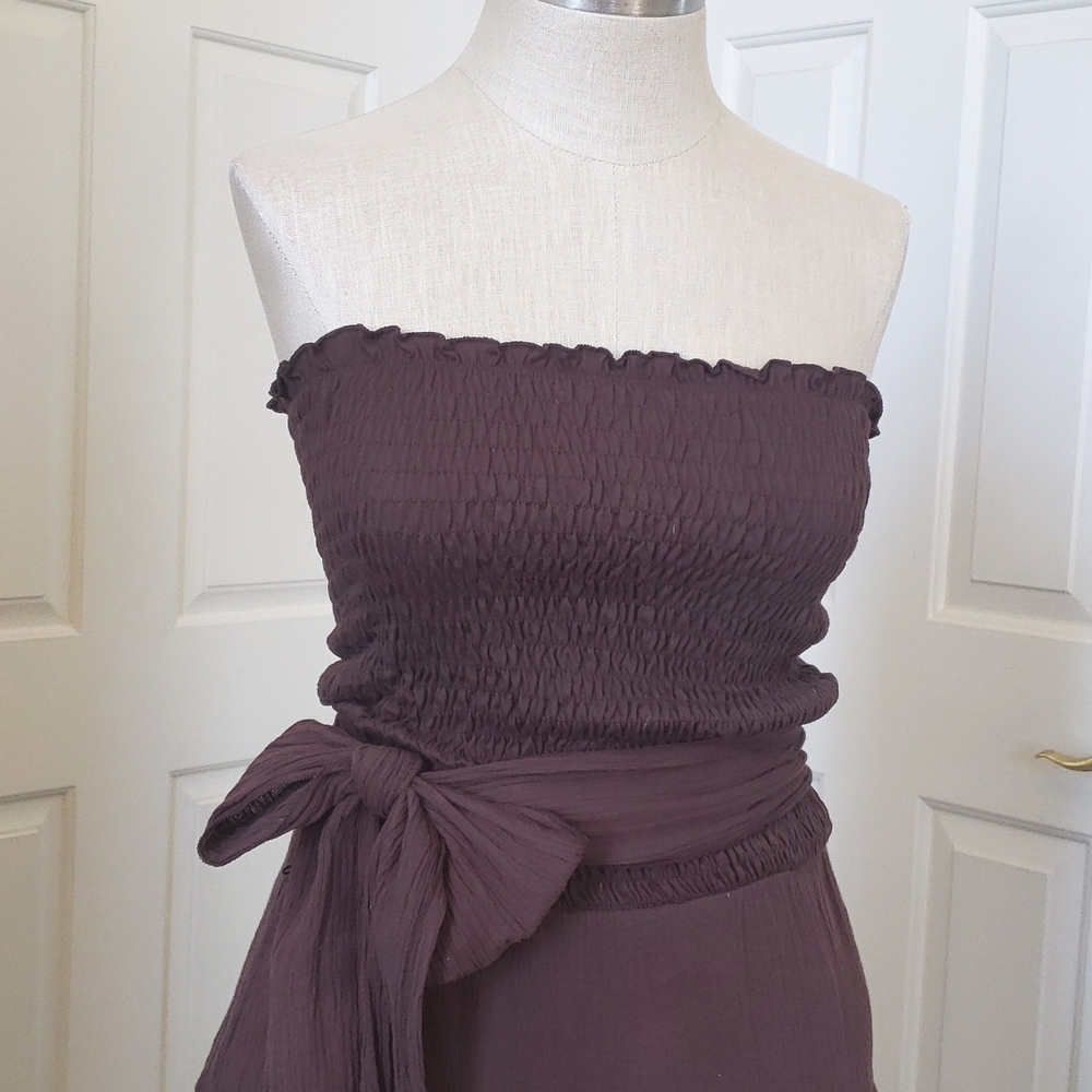 💐 Vintage Boho Brown Strapless Dress • Gauzy Cotton Smocked Bodice Tiered SMALL - Picture 6 of 11